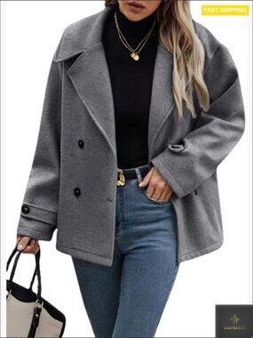 Loose Fit Cropped Wool Pea Coat Double Breasted Dressy Blazer Jacket Chic